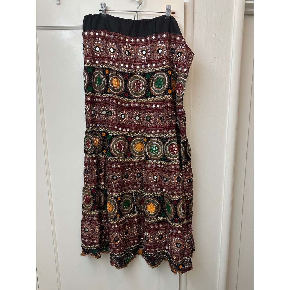 Vintage Indian Banjara Mirror Work Maxi Skirt Boho Embroidered Gypsy Burgundy